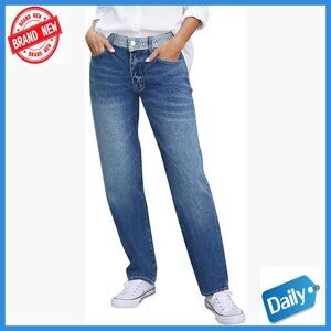 Low Rise Straight Leg Boyfriend Jeans Embroidered Stretch Baggy Fit